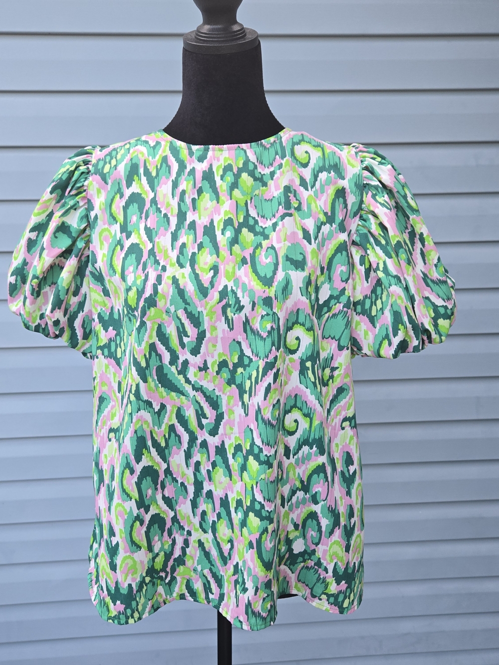 Vibrant Pink & Green Ikat Puff Sleeve Top Grandmillennial Preppy Blouse Medium